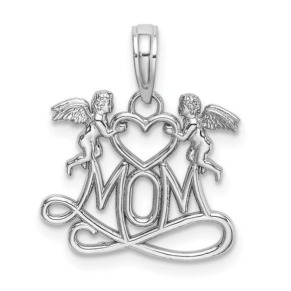 14K White Gold MOM w/ 2 Angels Holding Heart Charm,All Products : American Fashion Style Bags On Sale